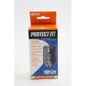 Tripp Lite Surge Protector Wall Tap Black 3 Outlet 2 USB 540 Joules SK120USB New